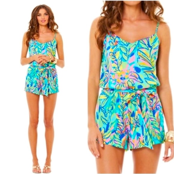 Lilly Pulitzer floral Silky "Deana" Romper in 'Hot Spot' -Small - Picture 2 of 5